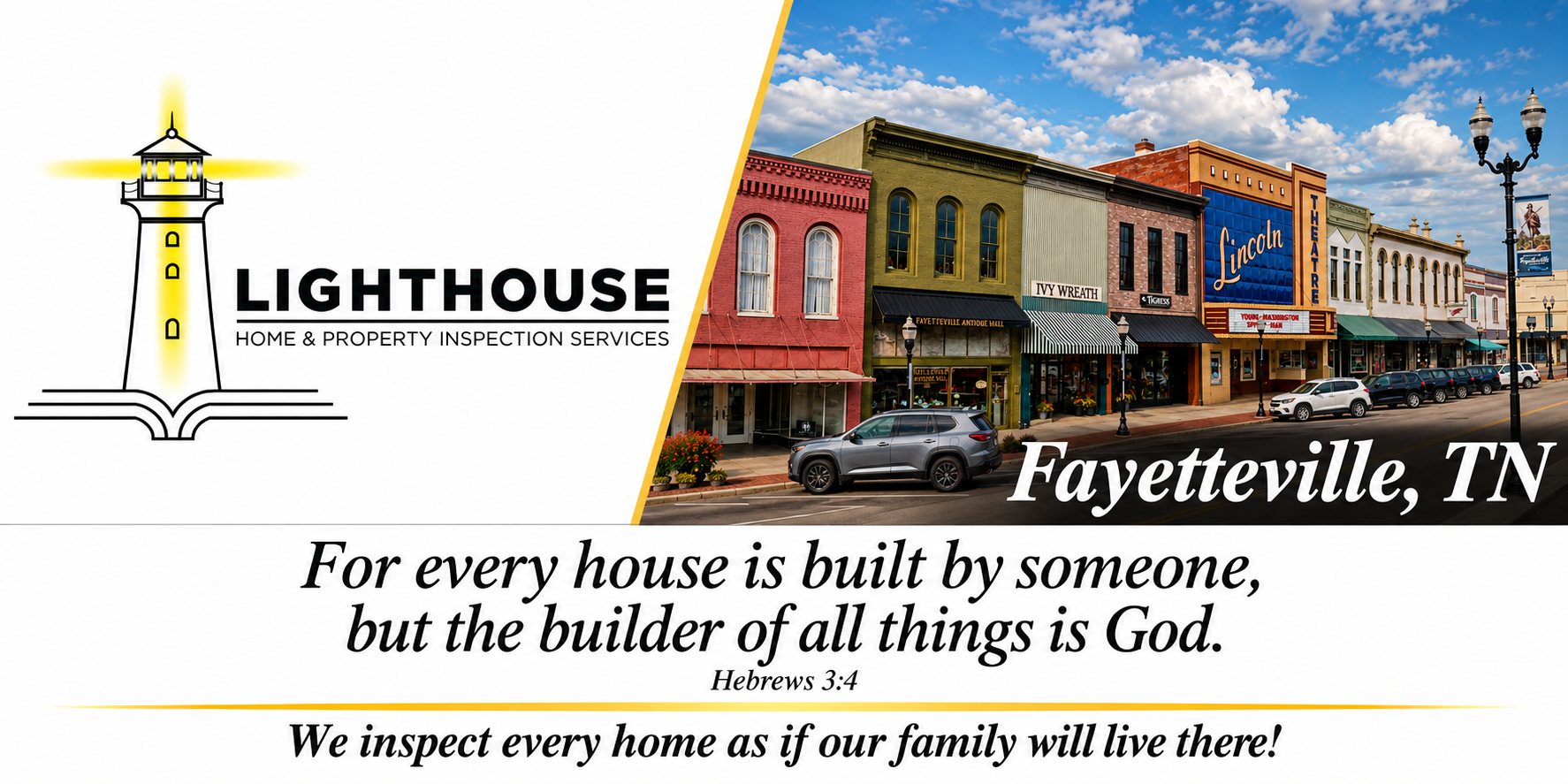 Lighthouse Home & Property Inspection Services &mdash; Fayetteville, TN. For every house is built by someone, but the builder of all things is God. Hebrews 3:4. We inspect every home as if our family will live there!