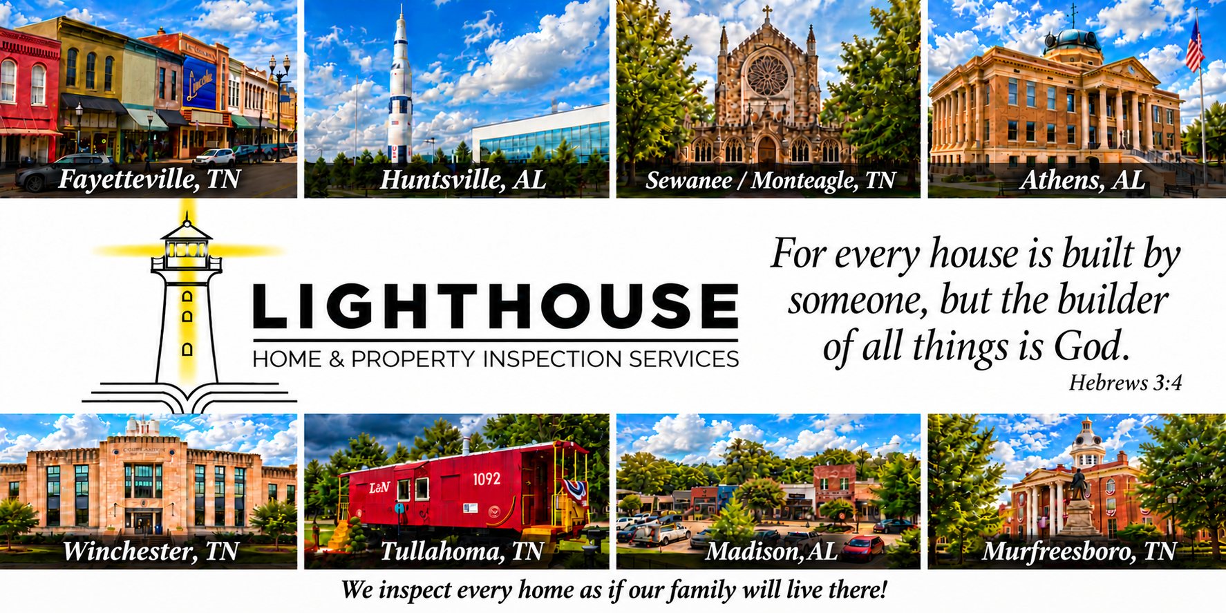 Lighthouse Home & Property Inspection Services &mdash; serving Fayetteville, Huntsville, Sewanee, Monteagle, Athens, Winchester, Tullahoma, Madison and Murfreesboro. For every house is built by someone, but the builder of all things is God. Hebrews 3:4. We inspect every home as if our family will live there!